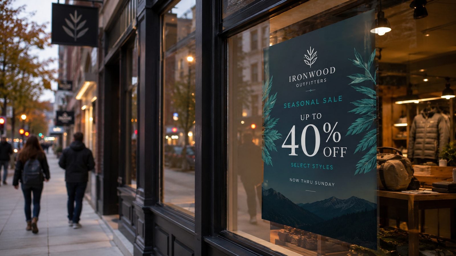 Full-color UV-printed static cling decal with a brand logo on a bright glass storefront window