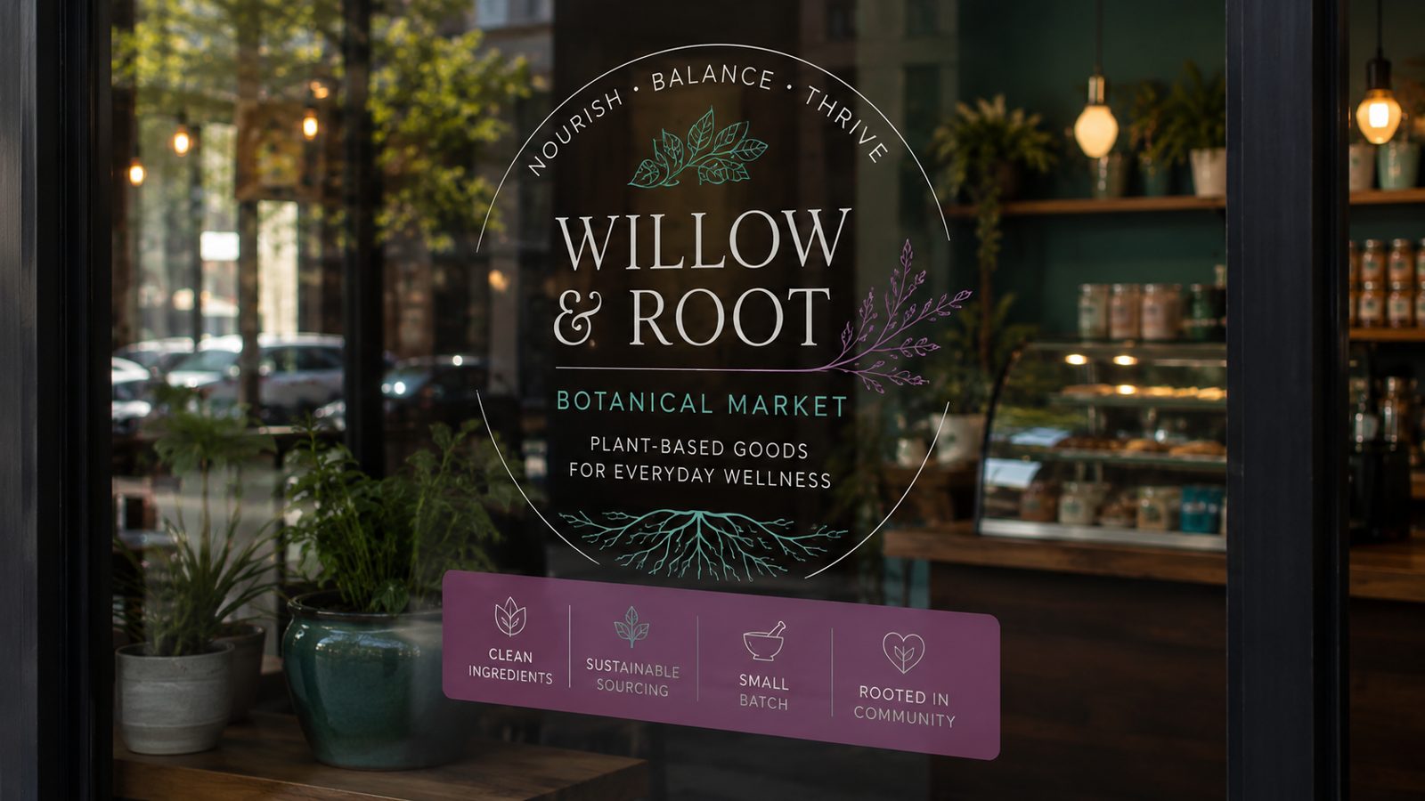 Full-color UV-printed clear static cling decal with a brand logo on a glass storefront window