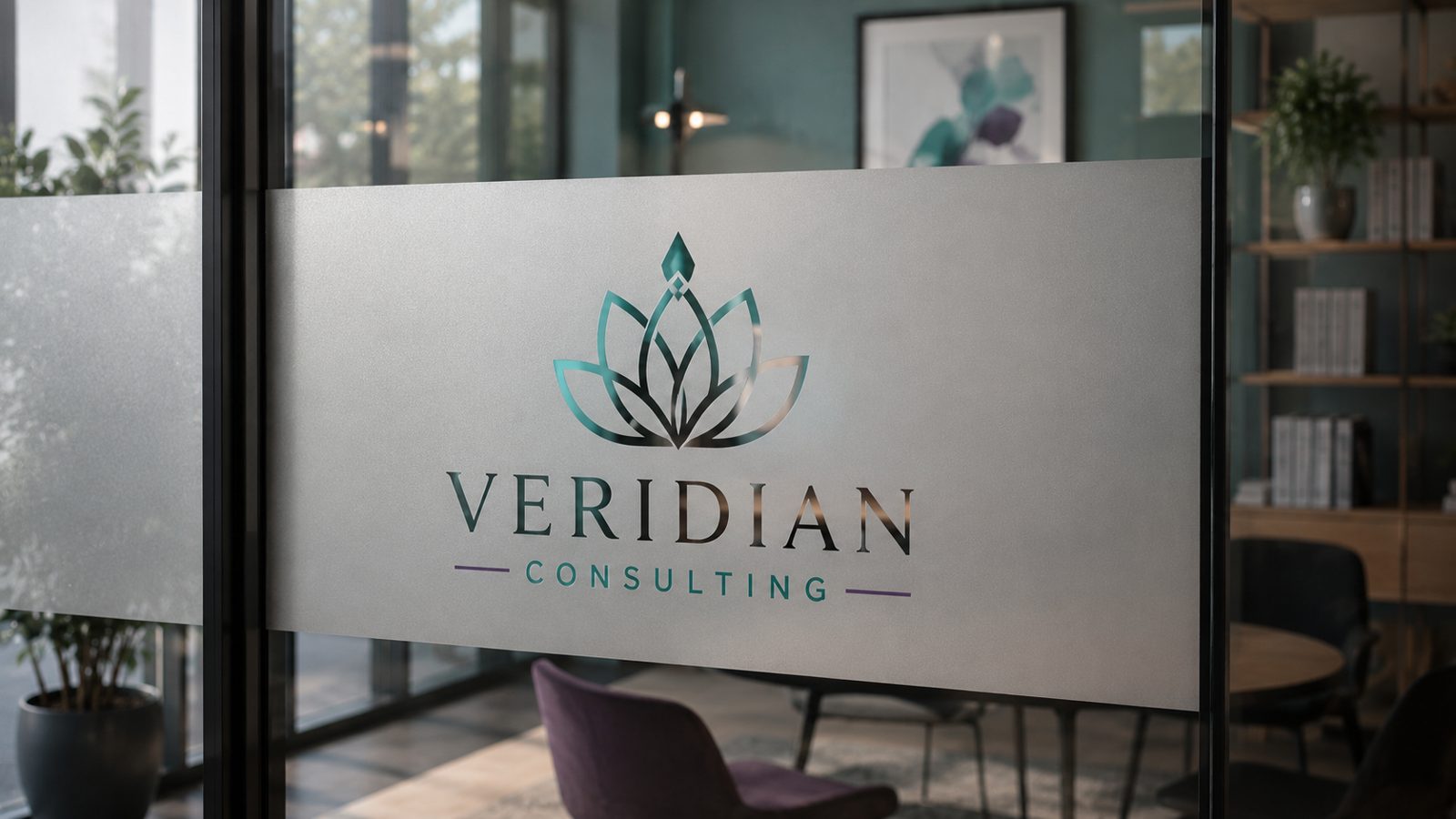 Frosted film static cling with an etched-glass look and printed logo on an office glass partition