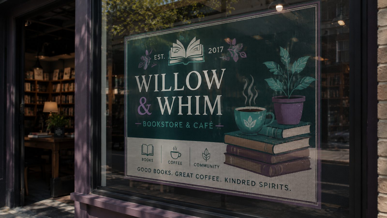 Perforated one-way-vision window cling with a full-color graphic on a storefront, see-out from inside