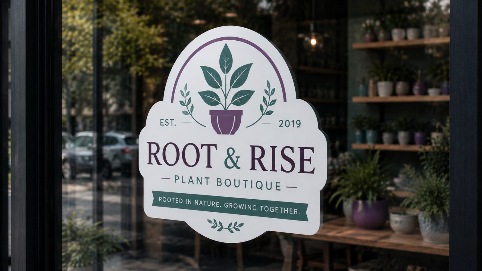 Full-color printed white static cling decal with a bold brand logo on a car window