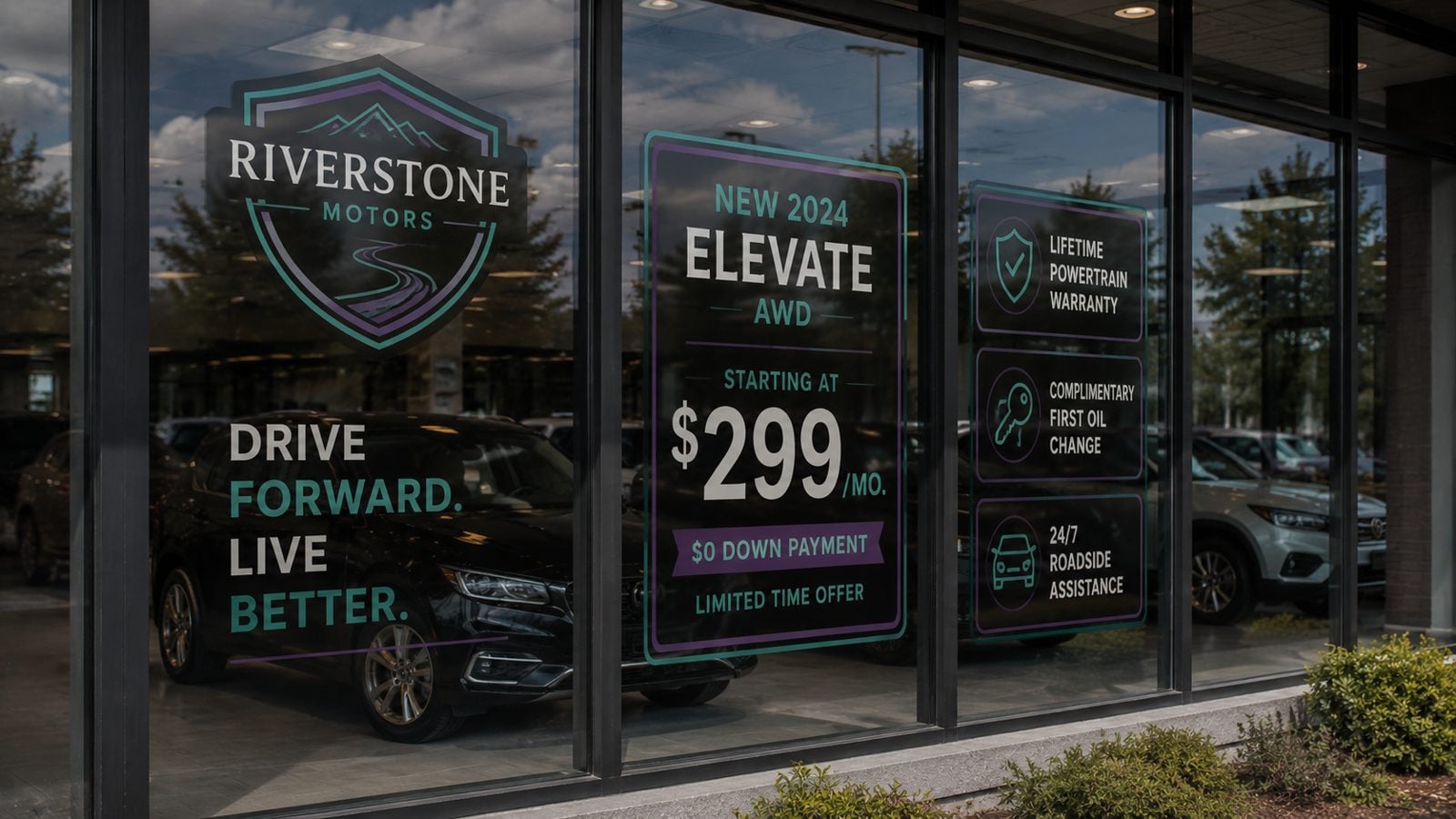 White static cling pricing and feature decals on a dealership showroom window