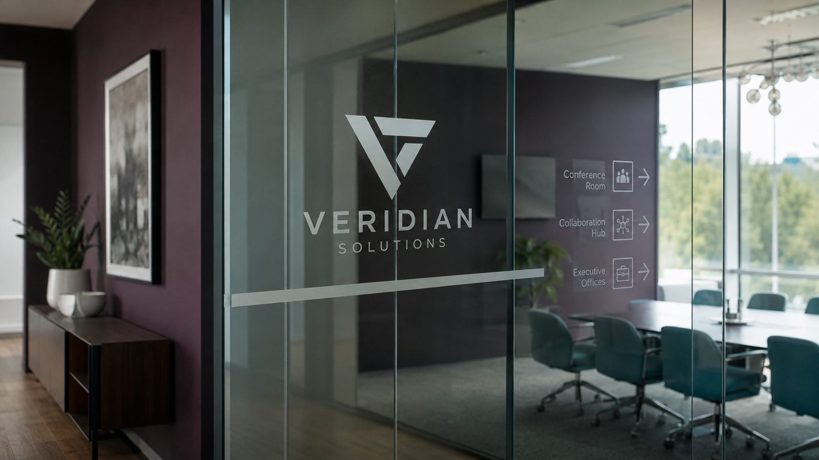 Frosted privacy static cling with a logo on an office glass partition