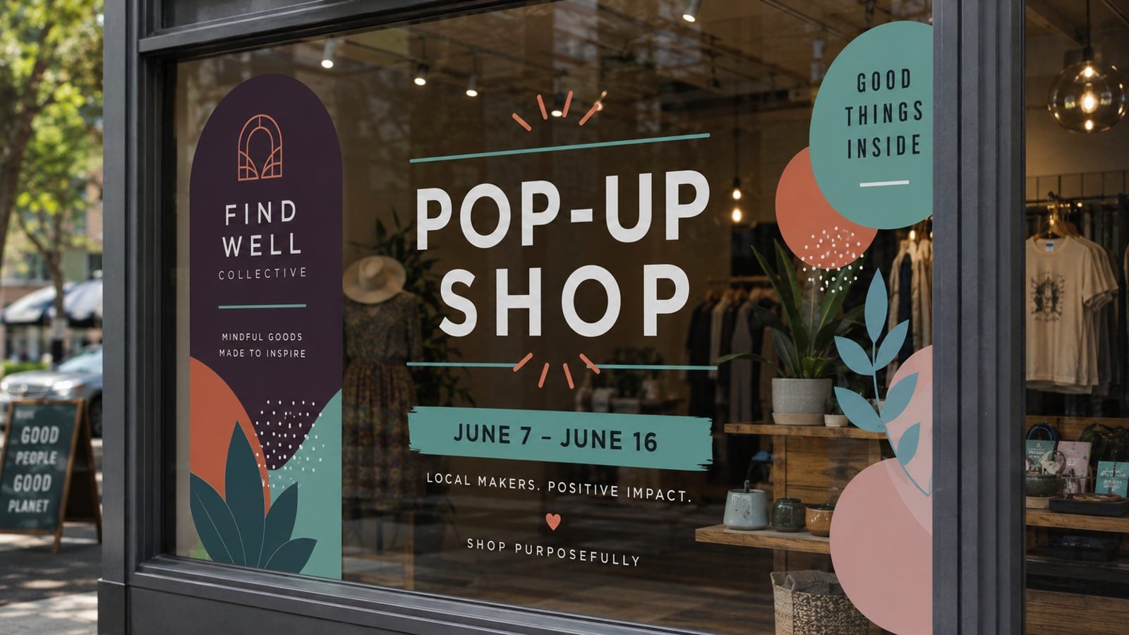 One-way vision static cling branding a pop-up event window
