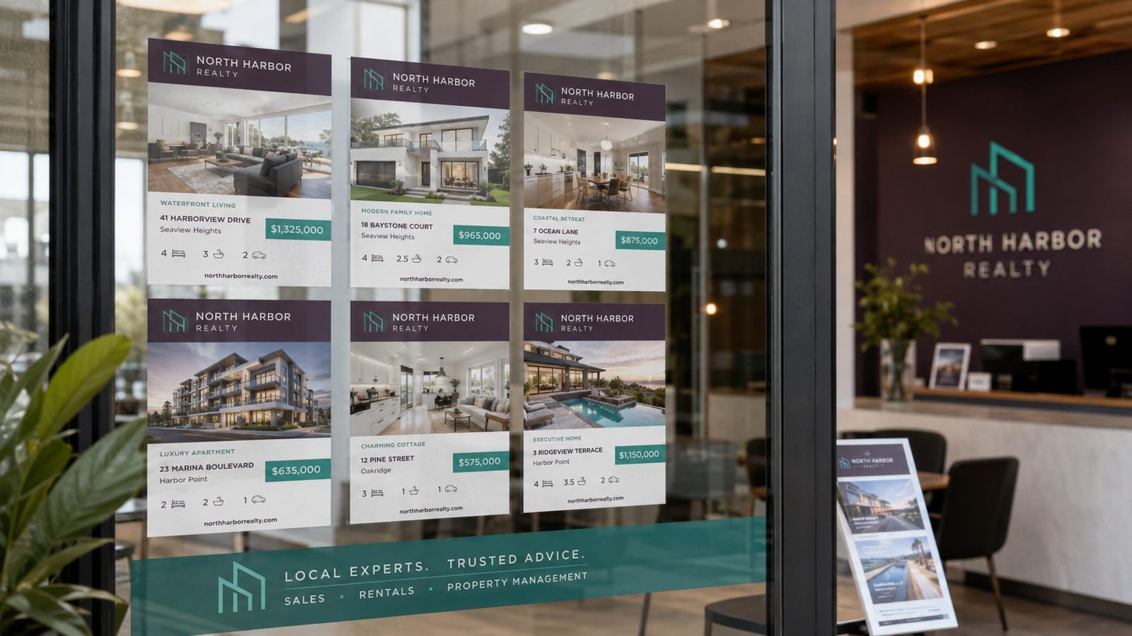Frosted and clear static clings with listings on a real-estate office window