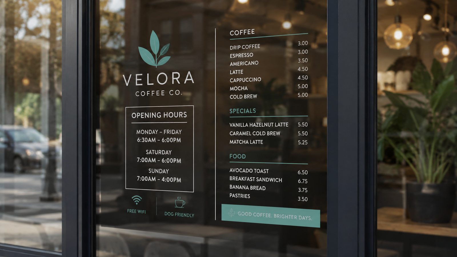Static cling seasonal menu and delivery badge on a cafe front door