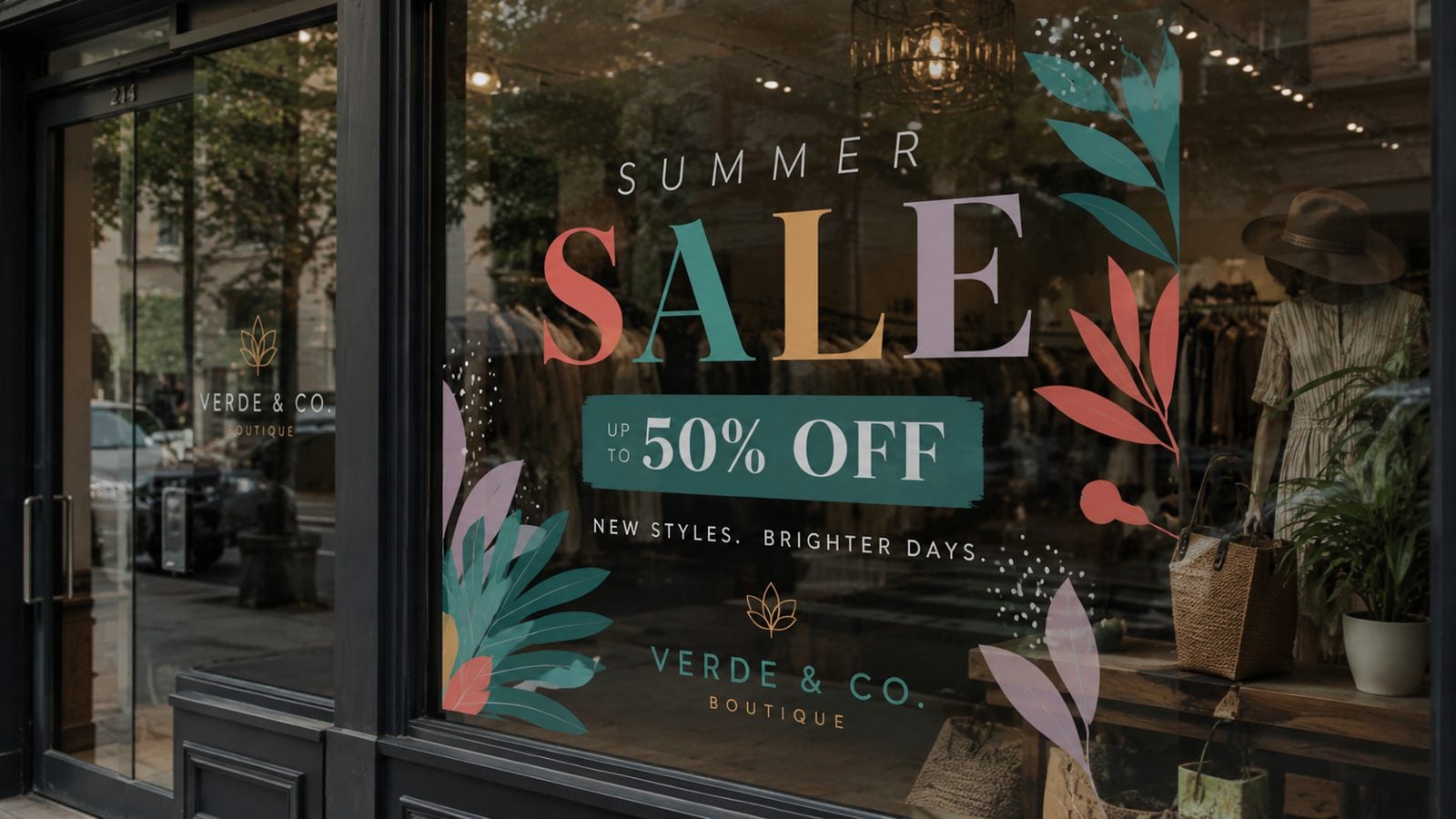Full-color static cling promotion on a retail storefront window